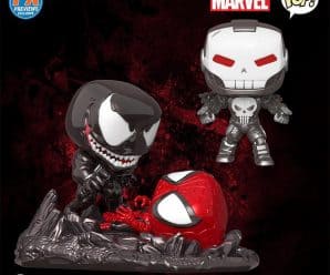 First look at PX Previews exclusive Spider-Man vs Venom Comics Moment and Punisher War Machine Funko Pops! Preorder Now!