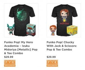 Available Now: FYE exclusives Metallic Izuku and Chucky Funko Pop and Tee bundles!